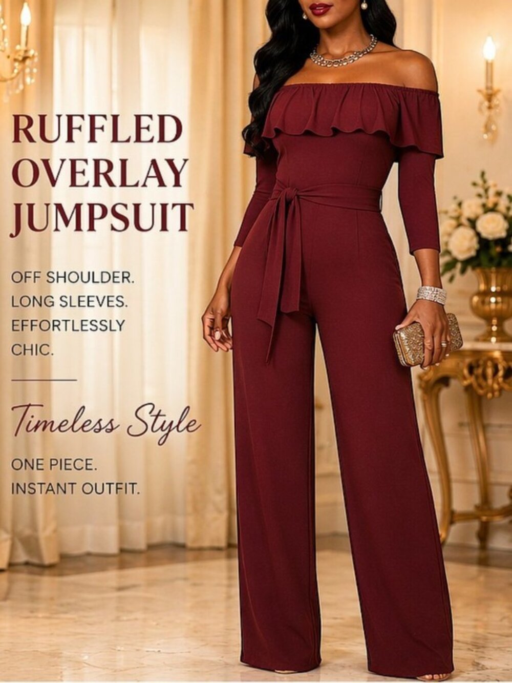 Burgundy Ruffled Overlay Off Shoulder Wide Leg Belted Jumpsuit Size L - Picture 2 of 9